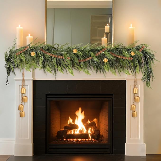 6Ft by 10 Inch Christmas Norfolk Pine Garland-Real Touch Garlands with Norfolk Pine&Cedar Branches,Realistic Soft Thick Artificial Faux Greenery Garland for Christmas Decorations Mantle Indoor Outdoor