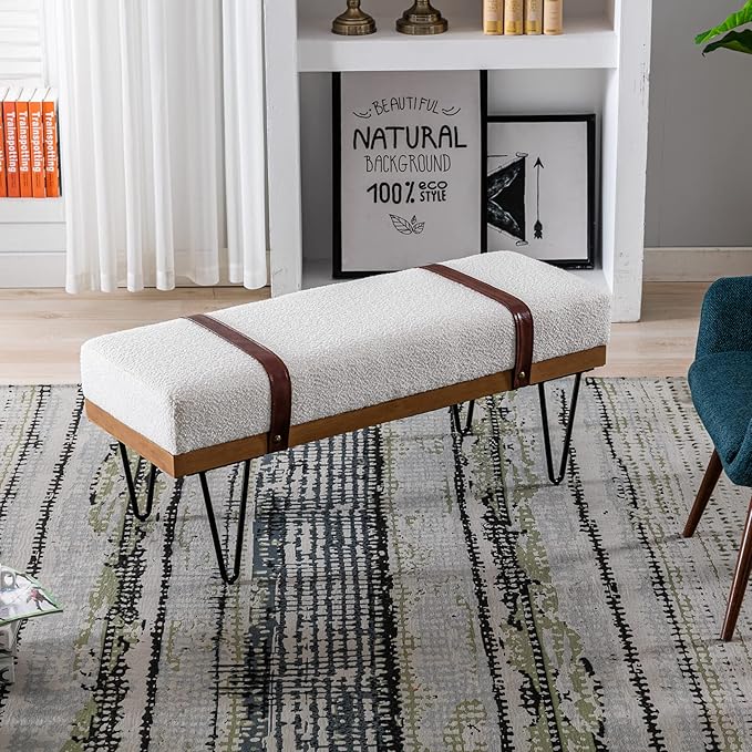 DUOMAY Industrial Modern Rectangle Ottoman Bench with PU Strap and Metal Legs, Mid Century Sherpa Dining Table Bench Footstool Entryway Shoe Bench for Bedroom Dining Room Living Room, White