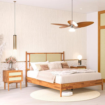 Bme Oliver Headboard Queen Size Bed Frame - 15-Inch Signature Design with Rattan Headboard, Bohemian and Mid Century Style, 12-Slat Wood Support, No Box Spring Needed - Easy Assembly, Caramel