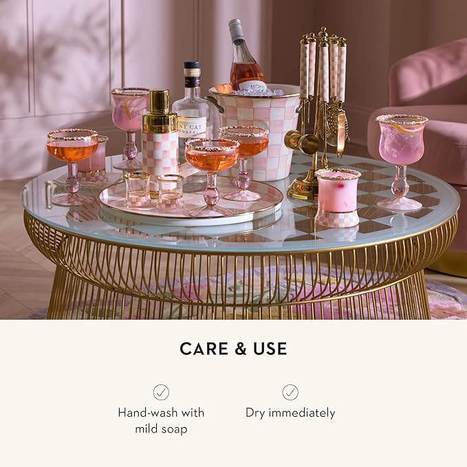 MACKENZIE-CHILDS Enamel Round Tray, Unique Serving Platter for Food and Drinks, Pink-and-White Rosy Check