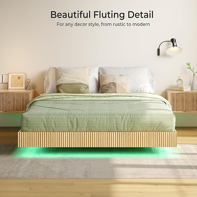 Tatub Natural Queen Floating Bed Frame with LED Lights, Modern Fluted Oak Platform Bed Frame Floating, Heavy Duty Metal Slats, No Box Spring Required
