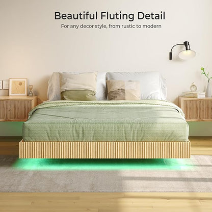 Tatub Natural Queen Floating Bed Frame with LED Lights, Modern Fluted Oak Platform Bed Frame Floating, Heavy Duty Metal Slats, No Box Spring Required
