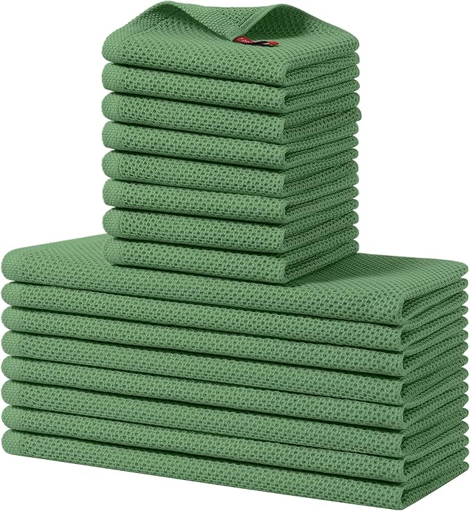 Homaxy 100% Cotton Kitchen Towels and Dishcloths Set, 12 x 12 Inches and 13 x 28 Inches, Set of 16 Bulk Kitchen Towels Set, Ultra Soft Absorbent Dish Cloths for Washing Dishes, Grass Green