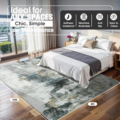 8x10 Area Rugs for Living Room Rug Washable: Abstract Large Rug for Dining Room Bedroom Carpet Non Slip 8 by 10 Indoor Modern Nursery Home Office Black Gold