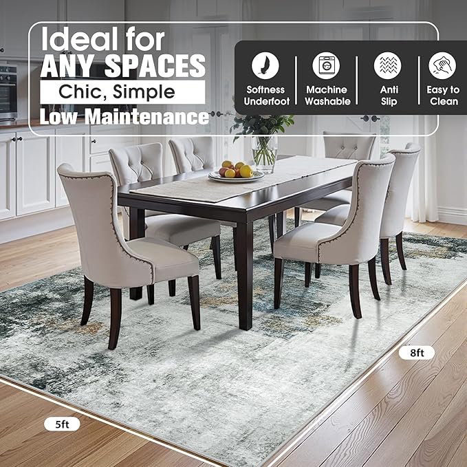 5x8 Area Rugs for Living Room Rug Washable: Abstract Rug for Dining Room Bedroom Carpet Non Slip 5 by 8 Indoor Modern Nursery Home Office Black Gold