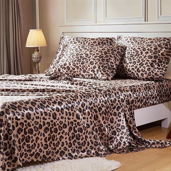 MR&HM Satin Bed Sheets with Elastic Corner Straps, Full Size Sheets Set, 6 Pcs Silky Bedding Set with 15 Inches Deep Pocket for Mattress (Full, Brown Leopard)