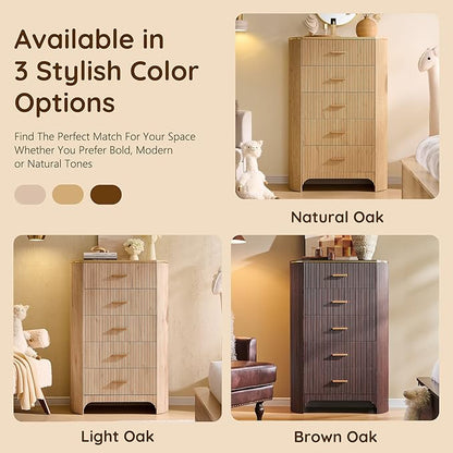 Fluted 5 Drawer Tall Dresser with Curved Profile,47.8" Tall Drawers with Reeded Texture,Gold Handles Storage Organizer Cabinet for Bedroom,Living Room,Entryway,Natural Oak