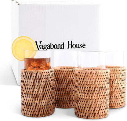 Vagabond House Natural, Removable Glass Water/Juice Glasses Set of 4, Handmade, Tall 6 Inches, Perfect for Kitchen and Home, Covered with Hand Woven Wicker Rattan