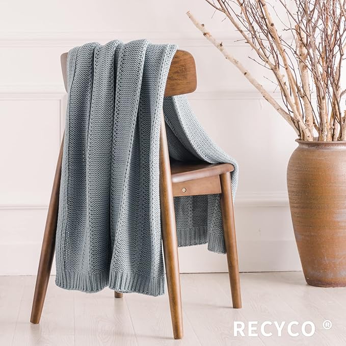RECYCO Cable Knit Light Grey Throw Blanket Twin Size, Super Soft Warm Cozy Decorative Knitted Throw Blanket 3.6LB Large 60"x80"