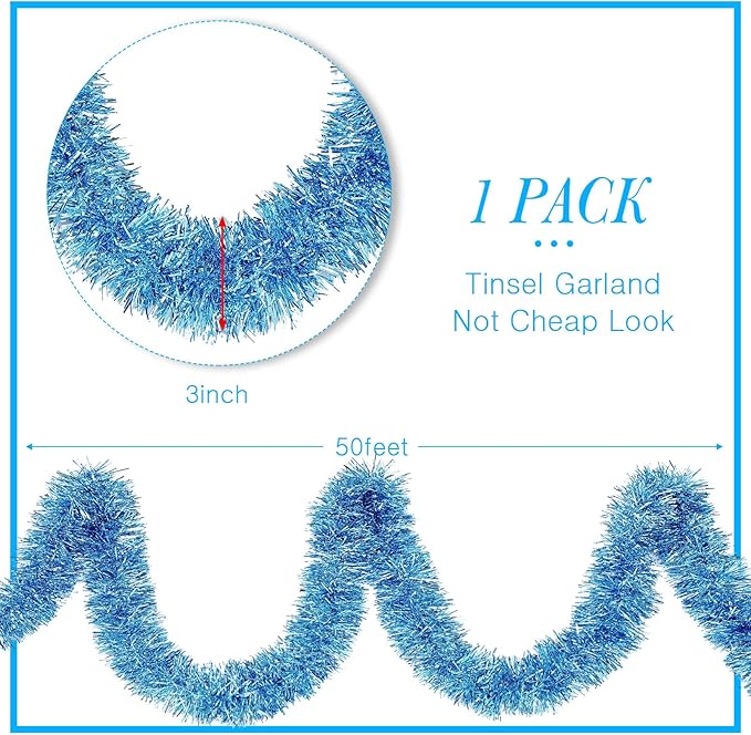 WILLBOND 50 ft Christmas Tinsel Garland Metallic Tinsel Twist Garland Christmas Tree Decorations New Year Wedding Birthday Hanging Decorations Party Supplies, 3 Inch(Light Blue)