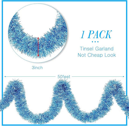WILLBOND 50 ft Christmas Tinsel Garland Metallic Tinsel Twist Garland Christmas Tree Decorations New Year Wedding Birthday Hanging Decorations Party Supplies, 3 Inch(Light Blue)
