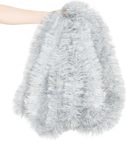 Lush Christmas Tinsel Garland, Silver & White Radiant Metallic Twist Streamers for Holiday Decor, Plush & Full Xmas Tree Garland for an Elegant Festive Atmosphere, Indoor & Outdoor Party Supplies