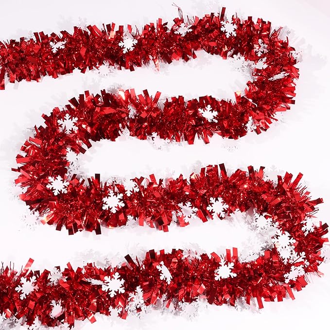 50 Feet Red Christmas Tinsel Garland with Snowflake Ornaments Metallic Twist Shiny Xmas Decorations Tree Garlands for Home Mantle Office Stair Indoor Outdoor Holiday Decor Party Supplies