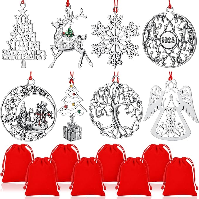 Zhengmy 8 Pieces Christmas Ornaments 2025 Solid Pewter Christmas Tree Ornament Metal Gnomes Santa Angel Snowman Hanging Craft Xmas Gifts with Red Bags(Classic)