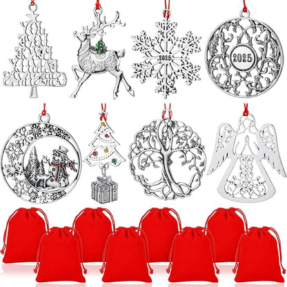 Zhengmy 8 Pieces Christmas Ornaments 2025 Solid Pewter Christmas Tree Ornament Metal Gnomes Santa Angel Snowman Hanging Craft Xmas Gifts with Red Bags(Classic)