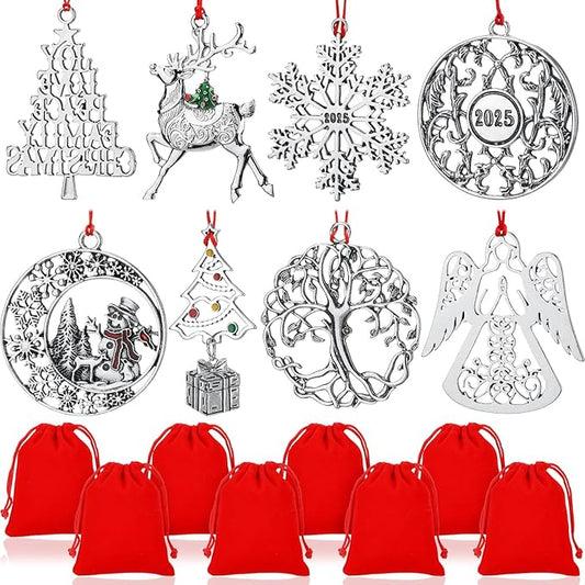 Zhengmy 8 Pieces Christmas Ornaments 2025 Solid Pewter Christmas Tree Ornament Metal Gnomes Santa Angel Snowman Hanging Craft Xmas Gifts with Red Bags(Classic)