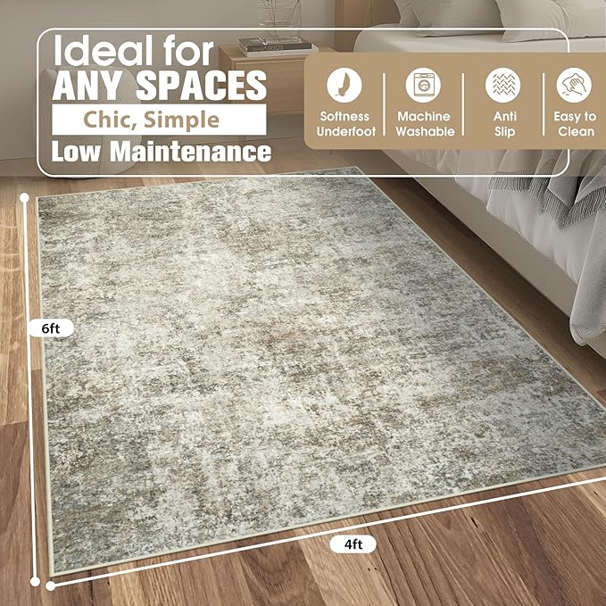 4x6 Area Rugs for Living Room Rug Washable: Abstract Rug for Dining Room Bedroom Carpet Non Slip 4 by 6 Indoor Modern Nursery Home Office Beige Brown