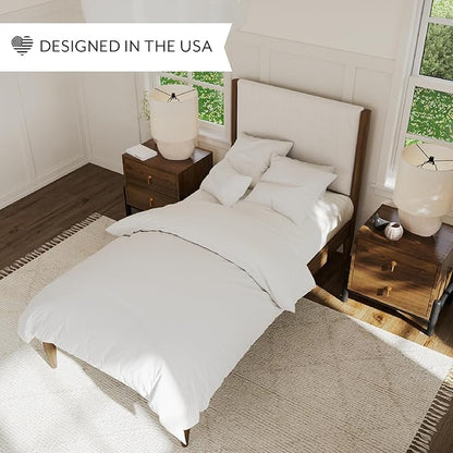 DG Casa Solid Wood Boucle Mid-Century Modern Twin Size Wooden Platform Bed Frame - Upholstered in Cream Boucle - Walnut Finish