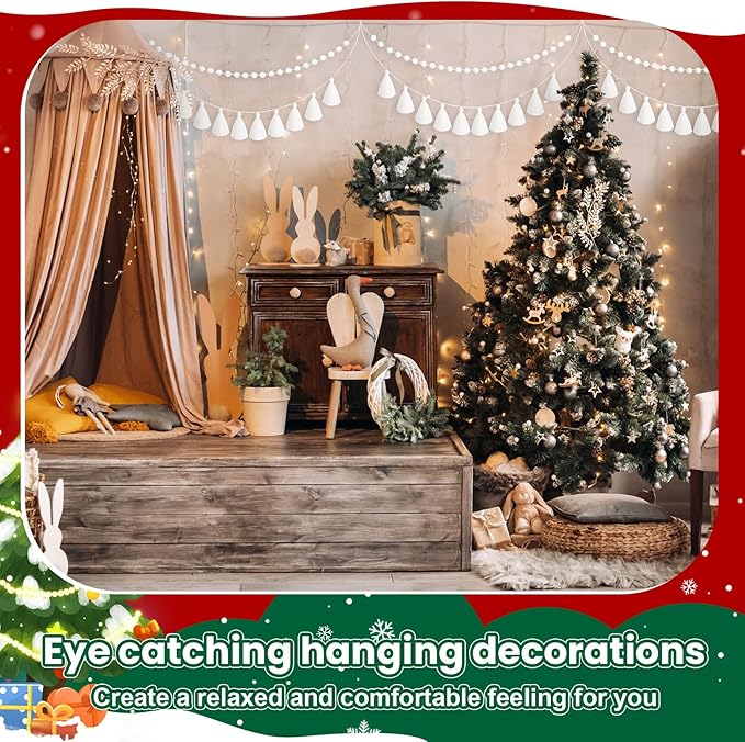 Syhood 4 Pcs Thanksgiving Christmas Pom Pom Tassel Garland Fall Felt Ball Banner Decorative Colorful Pompom Garland for Thanksgiving Autumn Xmas Theme Party Classroom Home Decor(White Color)