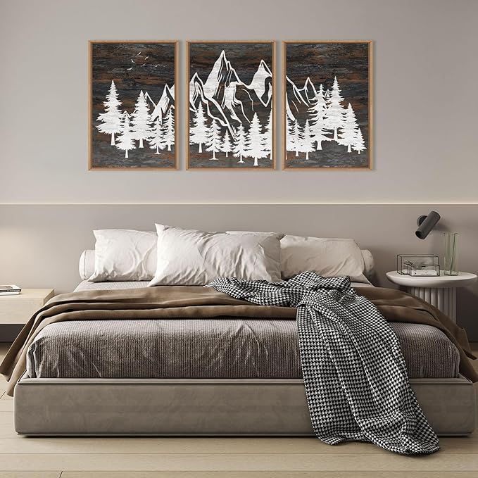 HOURIA Large Wilderness Rustic Mountain Forest Framed Wall Art Set,Retro Woodland Wall Decor,Nature Country Wooden Artwork,Brown White Pine Tree Landscape Art Print for Living Room,Bedroom- 16"x24"x3