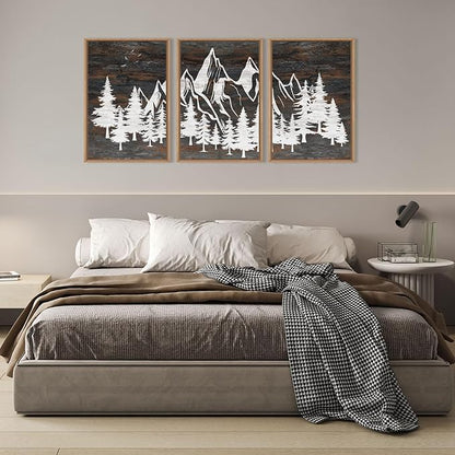 HOURIA Large Wilderness Rustic Mountain Forest Framed Wall Art Set,Retro Woodland Wall Decor,Nature Country Wooden Artwork,Brown White Pine Tree Landscape Art Print for Living Room,Bedroom- 16"x24"x3