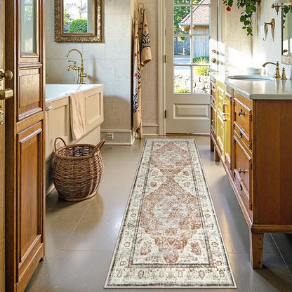 Uphome Bathroom Runner Rug, Distressed Tribal Farmhouse Orange Bathroom Mat, Large Bathroom Rugs Non Slip Washable, Oriental Retro Boho Bath Mat Runner for Bathtub Sink Hallway, 24x71 inch