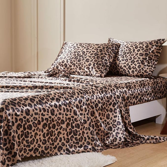 MR&HM Satin Bed Sheets with Elastic Corner Straps, King Size Sheets Set, 4 Pcs Silky Bedding Set with 15 Inches Deep Pocket for Mattress (King, Brown Leopard)