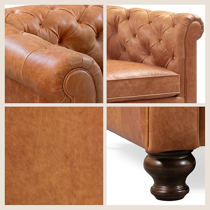 Poly & Bark Lyon Leather Couch - 87.4 Inch Sofa - Full-Grain Leather Sofa for Living Room with Feather-Down Topper - Living Room Couch - Vintage Italian Leather in Cognac Tan