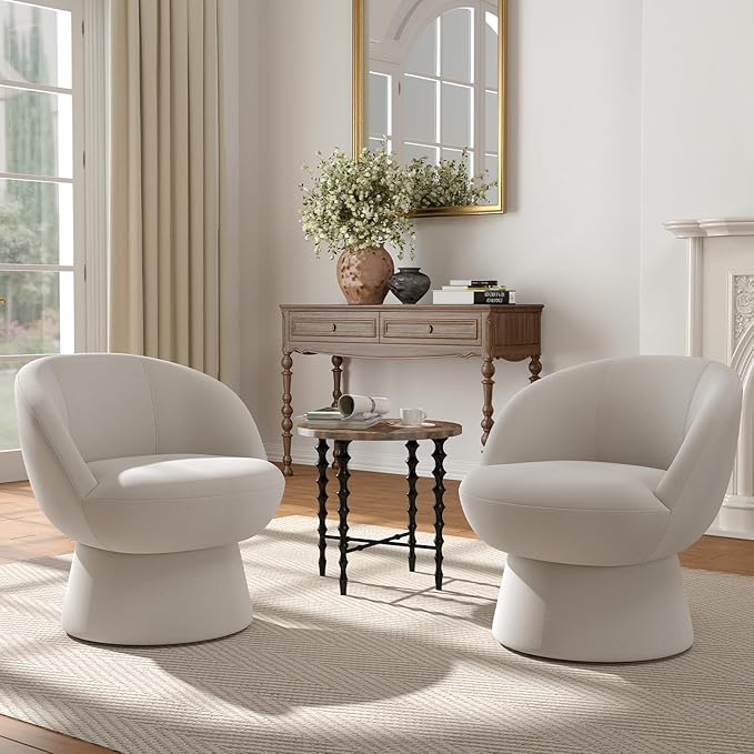 360° Swivel Accent Chairs Set of 2, Modern White Chenille Upholstered Round Barrel Chair with Curved Back, Bucket Vanity Armchair for Small Space,Living Room, Bedroom