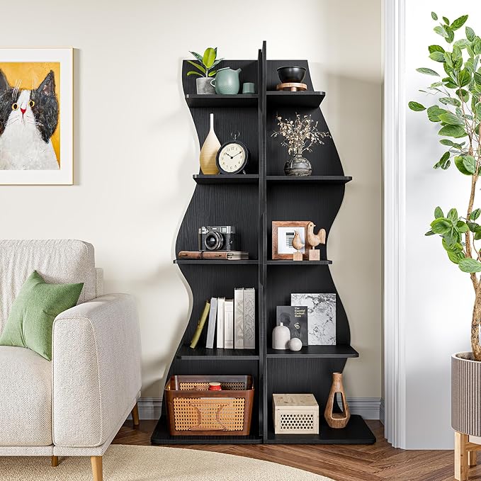 LITTLE TREE Small Corner Shelf, Modern 5-Tier Wall Corner Bookshelf, Stylish Bookcase Storage Rack for Small Space, Living Room, Bedroom