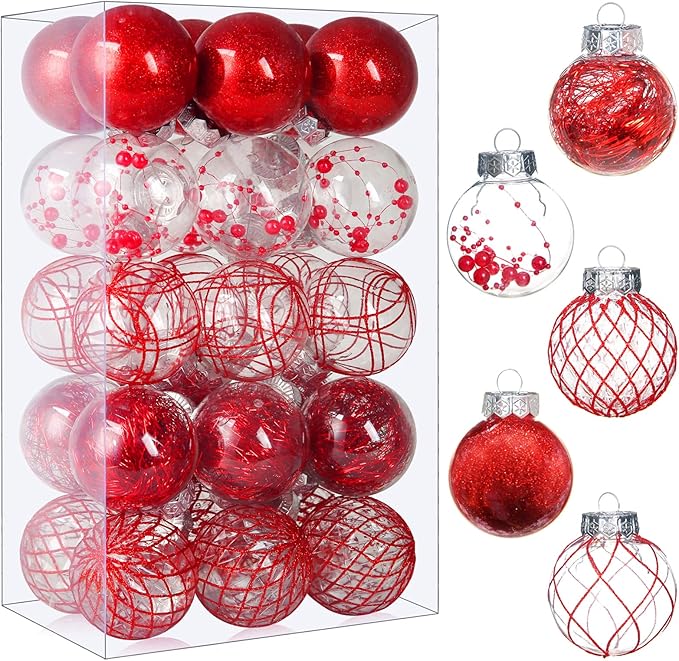 Clear Christmas Ball Ornaments, 30ct 2.36"/6cm Red Shatterproof Christmas Decorations Clear Plastic Ornaments Hanging Decorative Balls Bauble Set for Xmas Tree for Christmas Party Home Decor