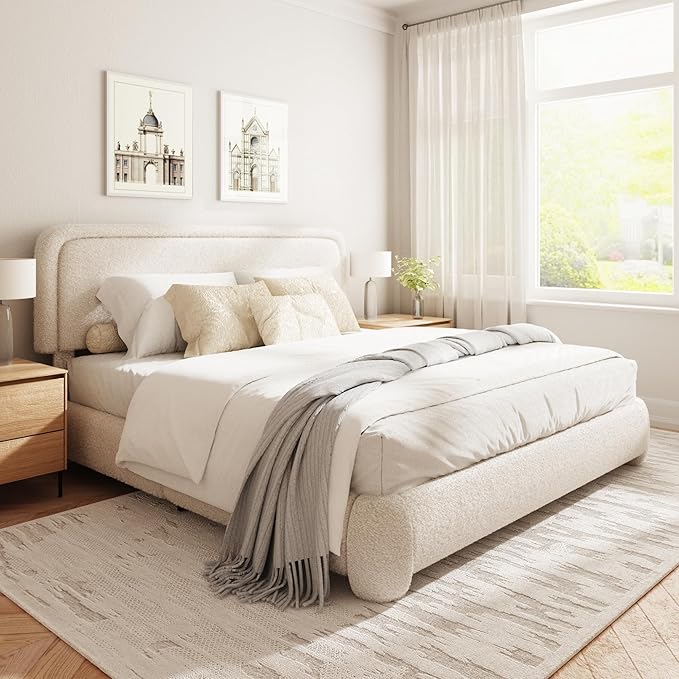 King Size Boucle Bed Frame, Cloud Upholstered Platform Bed with Height Adjustable Headboard & Soft Rounded Corners, No Box Spring Needed, Noise Free, Easy Assembly, Beige