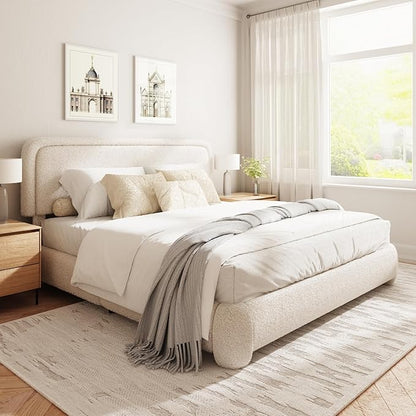 King Size Boucle Bed Frame, Cloud Upholstered Platform Bed with Height Adjustable Headboard & Soft Rounded Corners, No Box Spring Needed, Noise Free, Easy Assembly, Beige