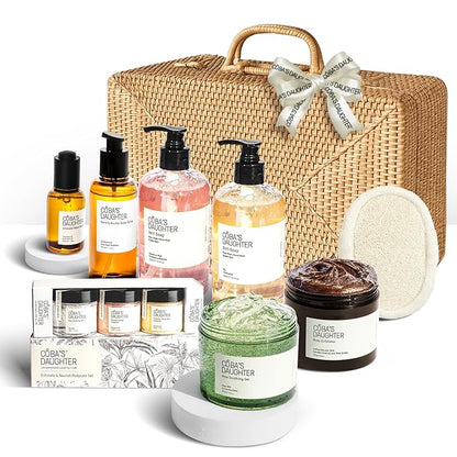 COBA'S DAUGHTER Rattan Gift Basket - 11-Piece Spa Inspired Bath, Body & Hair Kit for Women, Includes Coffee Scrub, Aloe Soothing Gel, Hair Serum, and Travel Minis (11 Pieces)