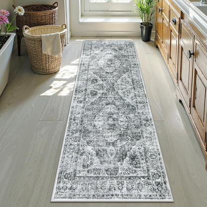 Uphome Bathroom Runner Rug, Distressed Tribal Farmhouse Gray Bathroom Mat, Large Bathroom Rugs Non Slip Washable, Oriental Retro Boho Bath Mat Runner for Bathtub Sink Hallway, 24x71 inch