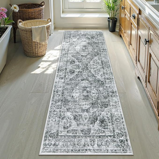 Uphome Bathroom Runner Rug, Distressed Tribal Farmhouse Gray Bathroom Mat, Large Bathroom Rugs Non Slip Washable, Oriental Retro Boho Bath Mat Runner for Bathtub Sink Hallway, 24x71 inch