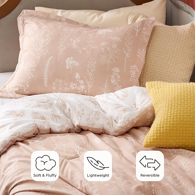 Bedsure Twin/Twin XL Comforter Set - Dusty Rose Bed Set, 2 Pieces Cute Floral Bedding, 1 Soft Reversible Botanical Flowers Comforter and 1 Pillow Sham