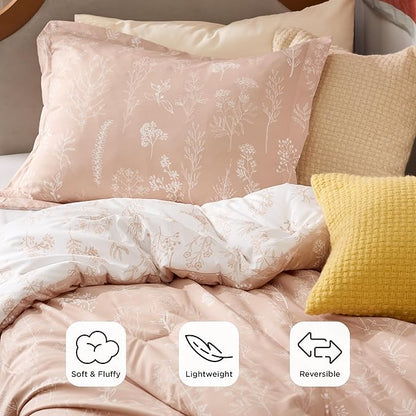 Bedsure Twin/Twin XL Comforter Set - Dusty Rose Bed Set, 2 Pieces Cute Floral Bedding, 1 Soft Reversible Botanical Flowers Comforter and 1 Pillow Sham