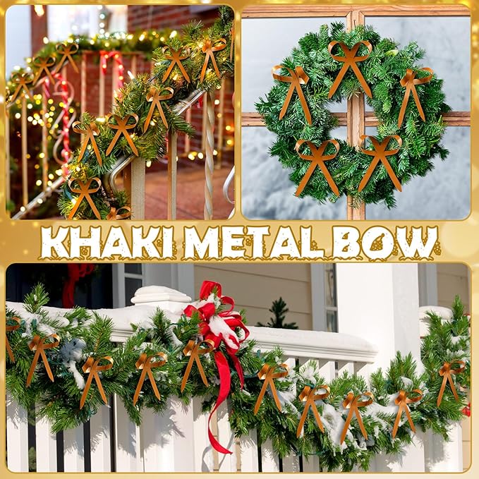 12 Pcs 2025 Metal Christmas Bow Ornaments for Christmas Tree Garland Wreath Bulk Bow with Clip Ornament Vintage Indoor Outdoor Home Xmas Party Decorations, 4 x 5 Inches (Khaki)