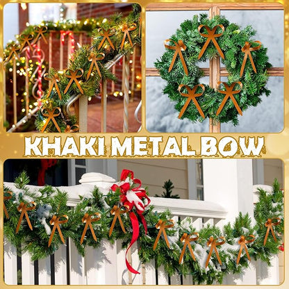 12 Pcs 2025 Metal Christmas Bow Ornaments for Christmas Tree Garland Wreath Bulk Bow with Clip Ornament Vintage Indoor Outdoor Home Xmas Party Decorations, 4 x 5 Inches (Khaki)