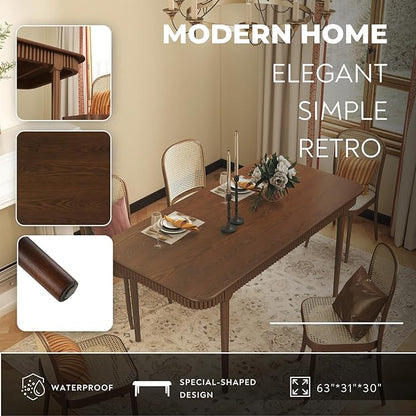LukeAlon Mid-Century 63 Inch Solid Wood Dining Table for 4-6, Retro Farmhouse Kitchen Table with Large Tabletop, Modern Table for Dining Room, Living Room, Kitchen, Walnut