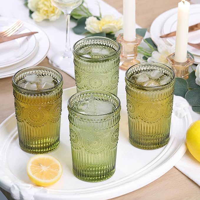 Vintage Glassware Drinking Glasses Set of 4-13 oz Green Highball Glasses Water Tumbler, Embossed Glassware Cups for Juice, Beer, Cocktail, Whiskey, Various Mixed Drinks