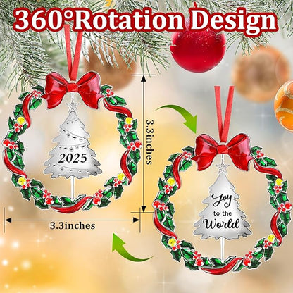 2025 Christmas Ornaments for Tree,Christmas Wreath Ornaments 2025 with Rotatable Tree for Christmas Tree Decorations Holiday Decorative Annual Keepsake Gift (Metal,Silver)