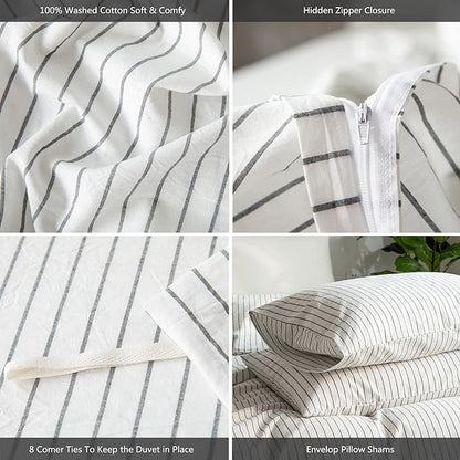MooMee Striped Duvet Cover Set 100% Washed Cotton Linen Like Textured Breathable Durable Soft Comfy (White Dark Grey Wide Stripes, Alaska King 132"x120")