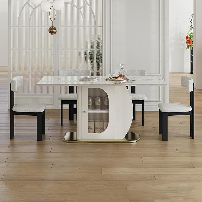 Montary 63" Modern 4-6 Person Dining Table with Storage Cabinet, Artificial Marble Dining Table with Sintered Stone Tabletop & Golden Solid Wood Base, Includes 4 White Velvet Chairs for Kitchen
