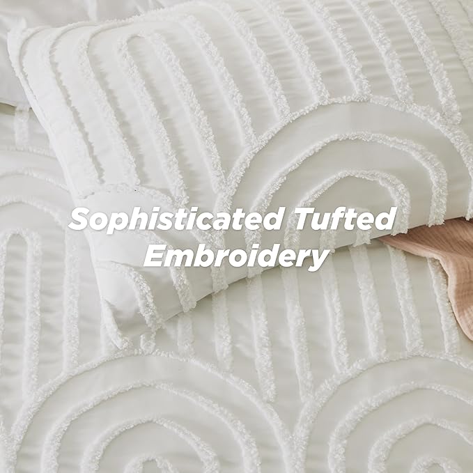 Bedsure Boho Tufted King Comforter Set - White Boho Bedding Comforter Sets, 3 Pieces Farmhouse Shabby Chic Embroidery Bed Set, Soft Fluffy Cozy Arch Pattern Comforter for All Seasons