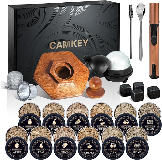 23Pcs Whiskey Smoker Kit with Torch-12 Wood Chips, Ice Ball Mold, Cocktail Smoker Infuser Kit, Old Fashioned Drink Smoker Kit, Birthday Bourbon Whiskey Gifts for Men,Husband,Dad,Him