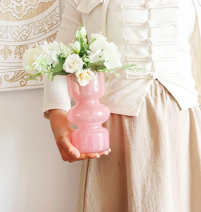 JSPYFITS Glass Hydroponic Flower Vase, 7 Inches Colored Glassbubble Vases for Flowers, Three-Layer Glass Funky Vase for Home/Office/Weddings/Party Table Flower Decor (Pink)