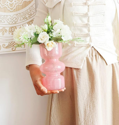 JSPYFITS Glass Hydroponic Flower Vase, 7 Inches Colored Glassbubble Vases for Flowers, Three-Layer Glass Funky Vase for Home/Office/Weddings/Party Table Flower Decor (Pink)