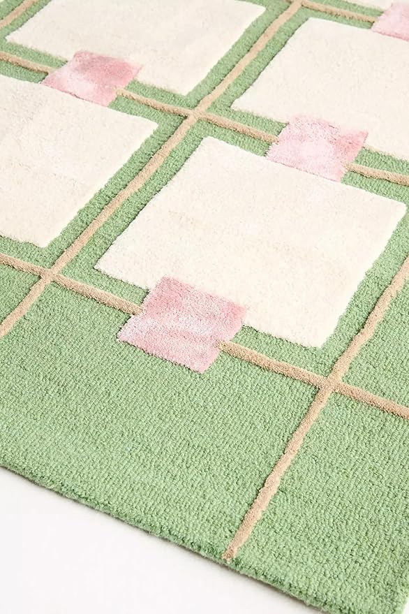Greer Wool Area Rug - Soft Hand-Tufted Geometric Design with Pink and Green Color Palette, Perfect for Modern Home Decor (5x8 Ft)
